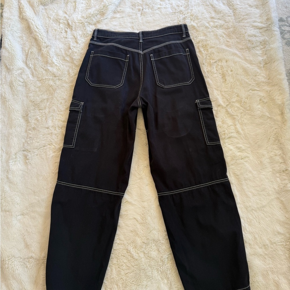 H&M DIVIDED CARGO PANTS BLACK CONTRAST STITCH STRAIGHT LEG SIZE 8 - Picture 3 of 8